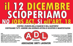 locandina per lo sciopero del 12 dicembre ad Ancona dell'Associazione Diritti Lavoratori - Cobas Marche