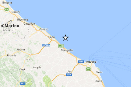 La mappa della scossa di terremoto registrata a largo della costa marchigiana tra Fano e Senigallia il 26 maggio 2017