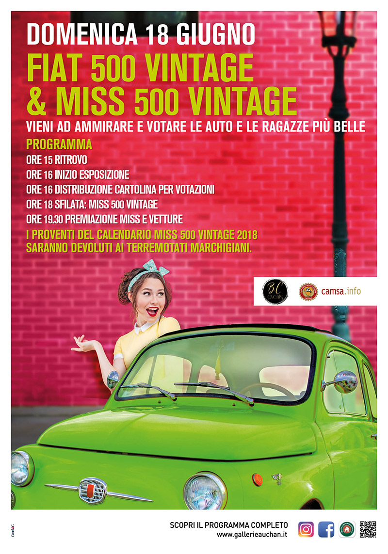 Domenica 18 giugno l’elezione di Fiat 500 Vintage e Miss 500 Vintage al Centro Commerciale Auchan Conero - locandina