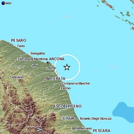 Mappa del terremoto del 7 settembre a largo di Ancona (dati INGV)